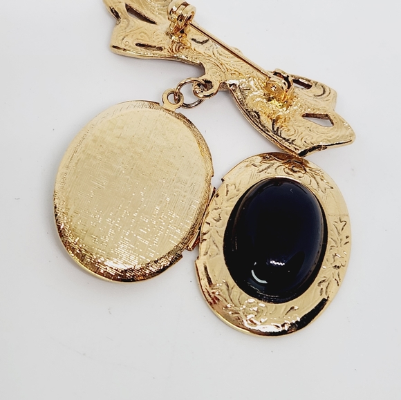 1928 Bow Gold Tone Dangle Photo Locket Pin Brooch w Black Acrylic Cabochons - Picture 4 of 5